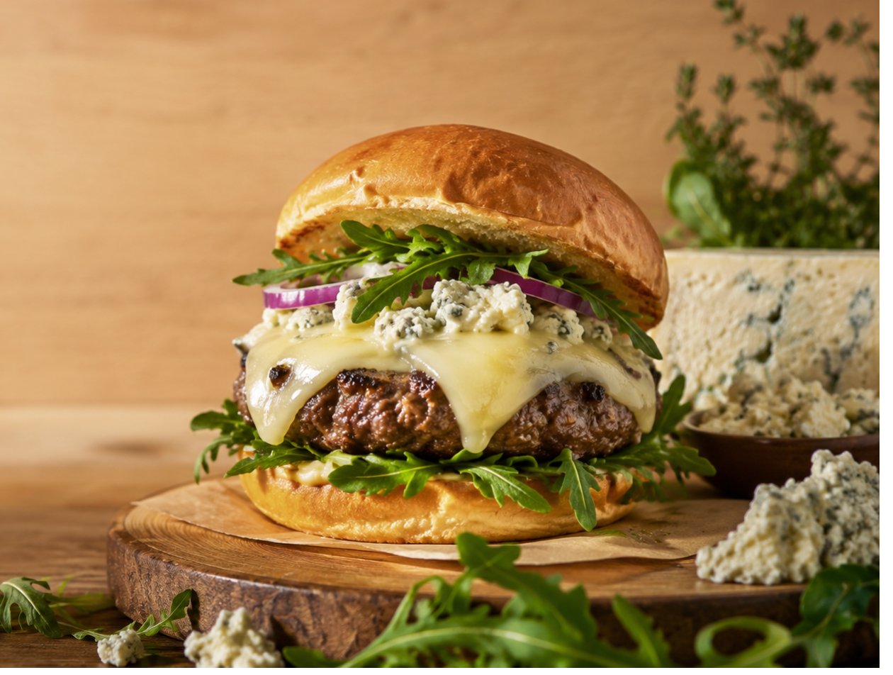Burger Melt Slices, Creative Classics private label Jack and blue cheese blend on a brioche burger